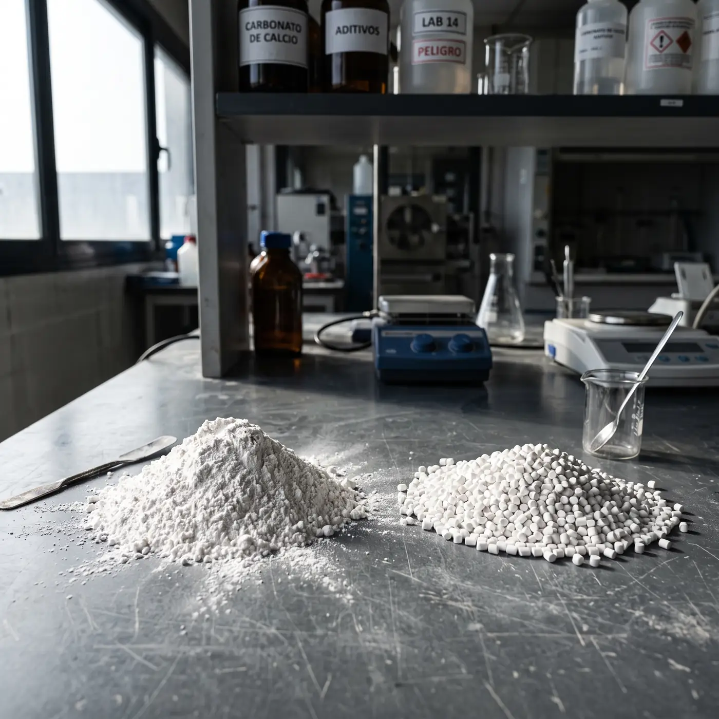 Carbonato de calcio en polvo y pellets sobre mesa de laboratorio