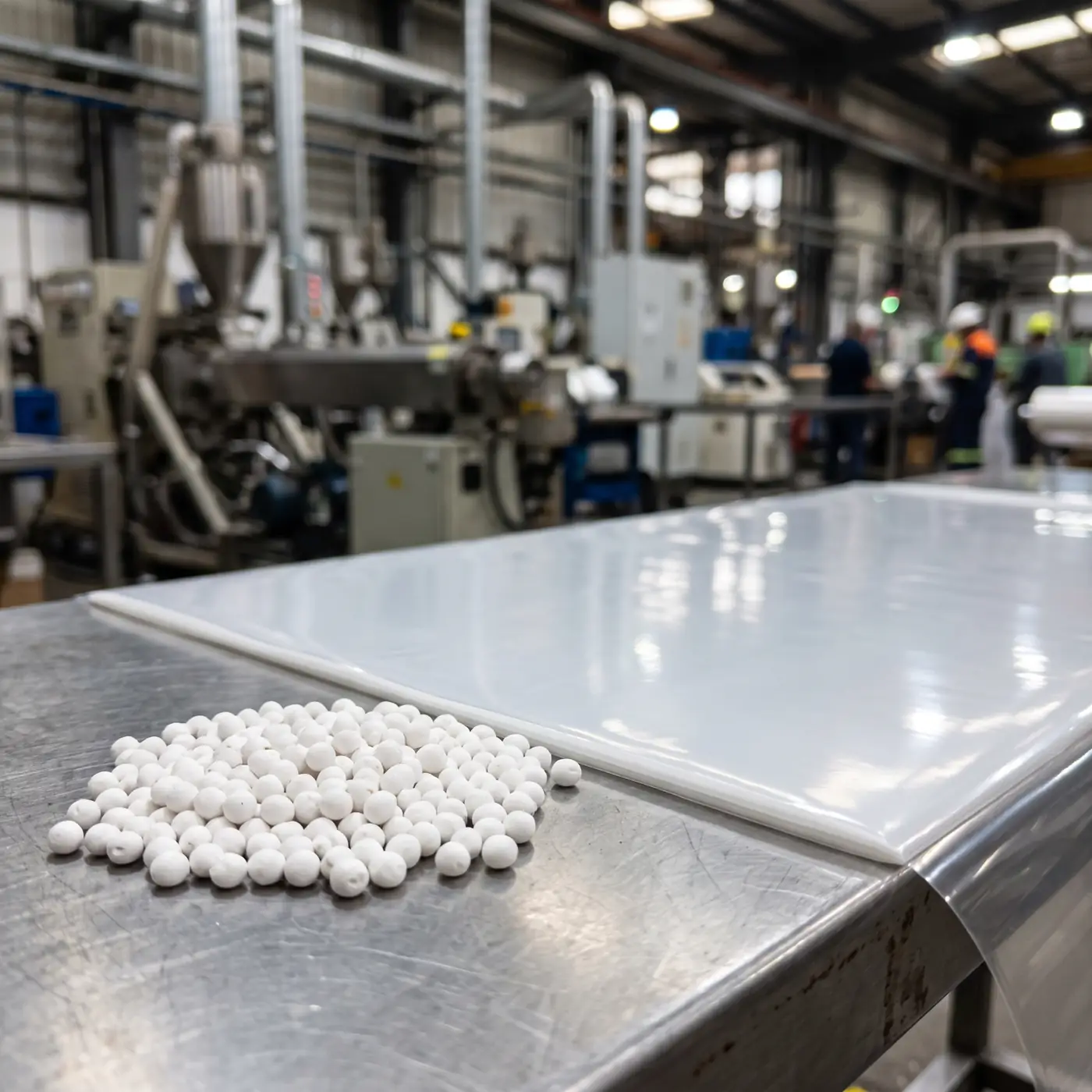 Pellets blancos de masterbatch desecante junto a una lámina plástica lisa