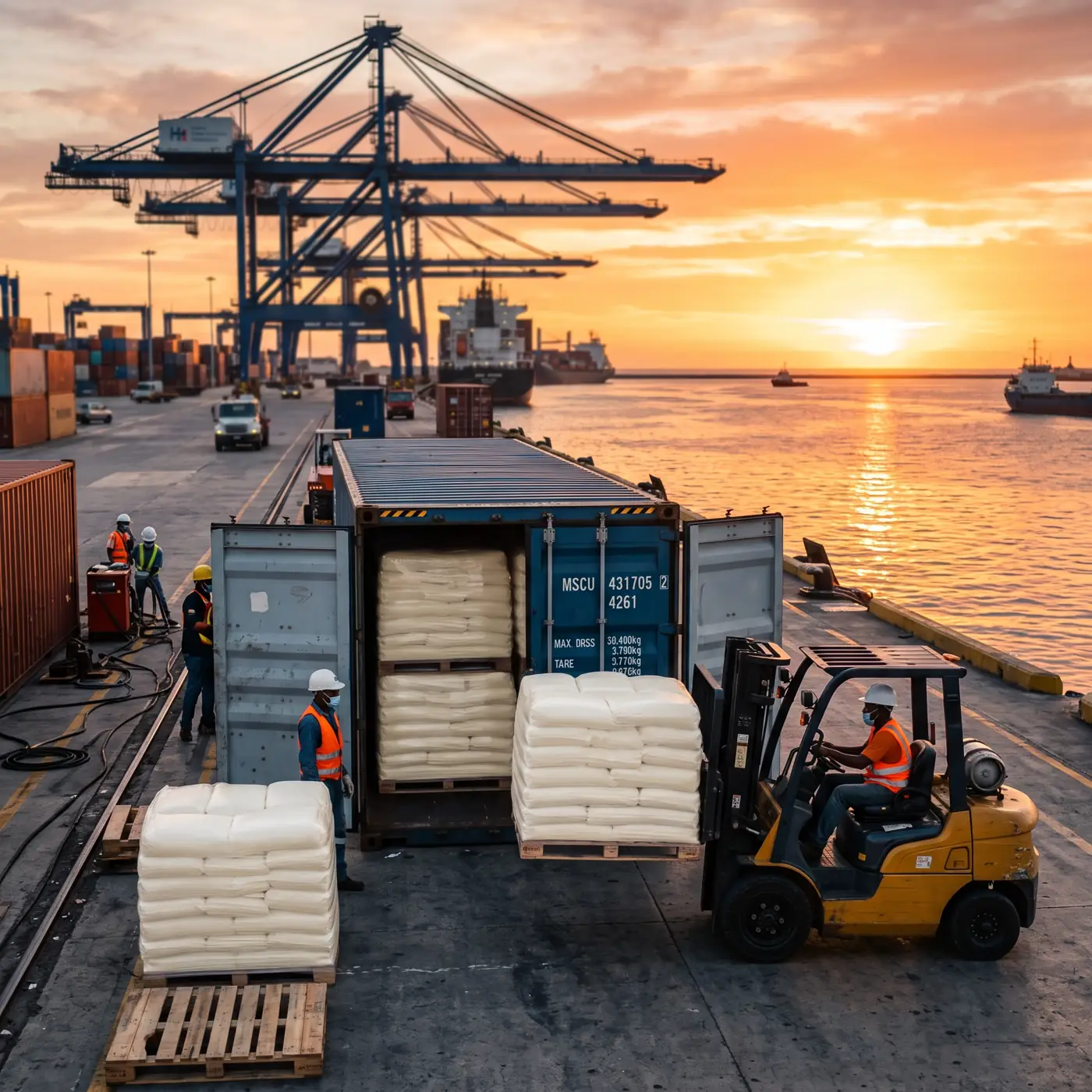 Contenedor cargado con sacos de resina en un puerto al atardecer